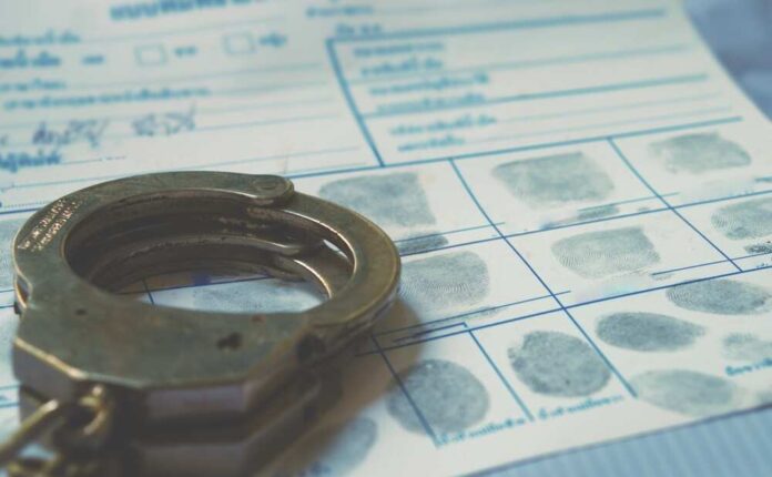 Police,Handcuff,On,Fingerprint,Crime,Page,File.crime,And,Violence,Concept.