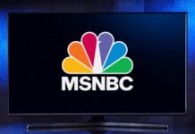 TV screen showing MSNBC logo with colorful peacock.