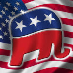 Republican Party elephant logo on American flag background.