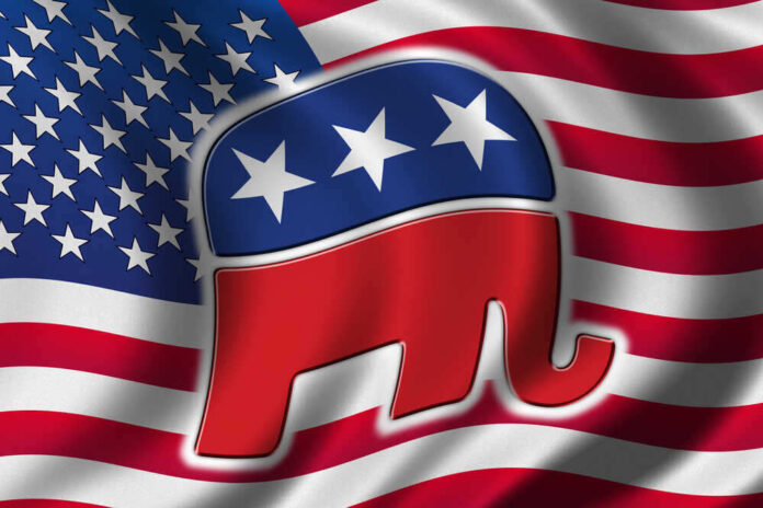 shutterstock_7757977.jpg featured image Republican Party elephant logo on American flag background.