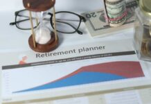 Retirement planner graph with money glasses hourglass