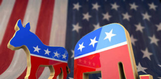 Donkey and elephant symbols with American flag background.