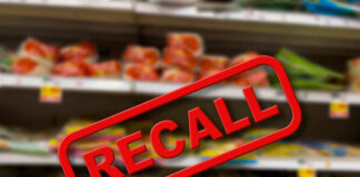 Recall notice over grocery store shelves
