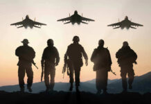 Soldiers with Jets Flying Overhead
