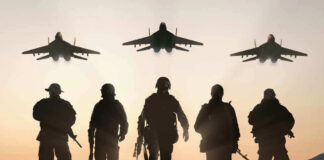 Soldiers with Jets Flying Overhead