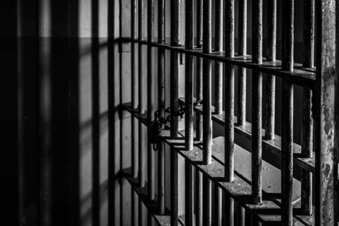 Rusty prison cell bars in dim lighting.