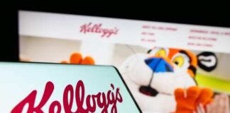 Kellogg's logo in focus with Tony the Tiger in the background