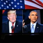 Split screen of Donald Trump and Barack Obama