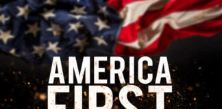 AMERICA FIRST overlaid on an American flag background
