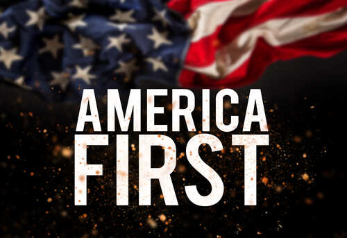 AMERICA FIRST overlaid on an American flag background