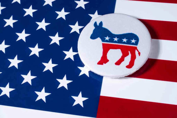 Democrat donkey button on American flag background