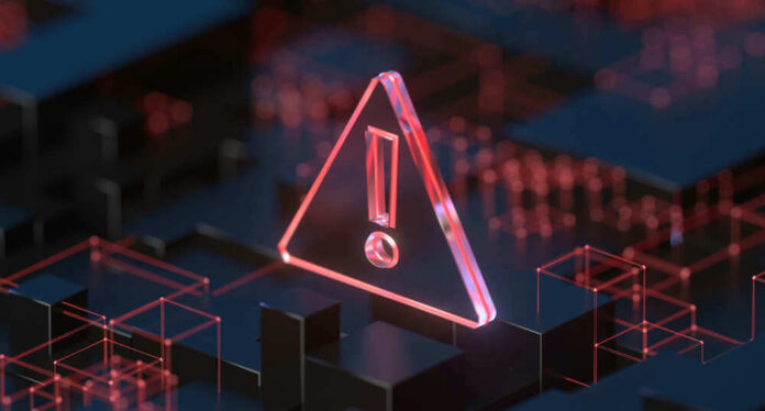 Red warning symbol on a dark digital background
