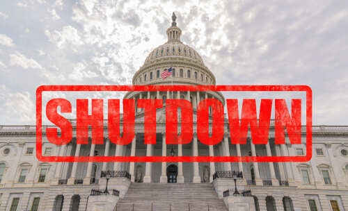 US Capitol building with a red SHUTDOWN overlay