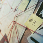 Investigation board with photos, notes, and red string.