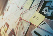 Investigation board with photos, notes, and red string.