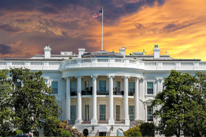 The White House with vibrant sunset sky