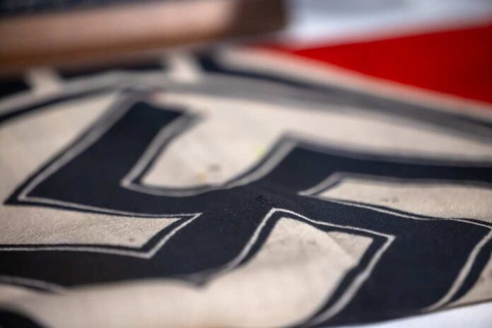 Close-up of a fabric featuring bold lettering