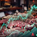 Beef Prices EXPLODE — Details Graph overlay on a meat market display showing stock trends