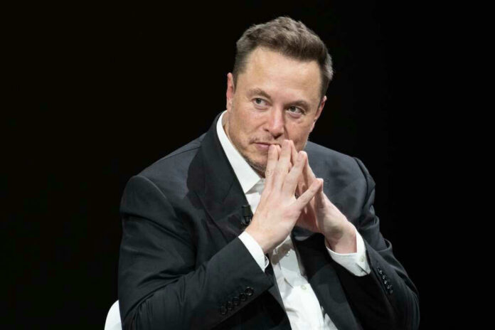 Elon Musk in suit thinking.
