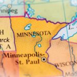 Close-up of a map showing Minnesota and North Dakota