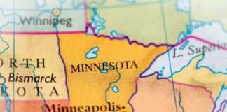 Close-up of a map showing Minnesota and North Dakota