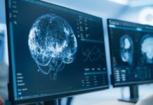 Screens displaying brain scans and data in a medical setting