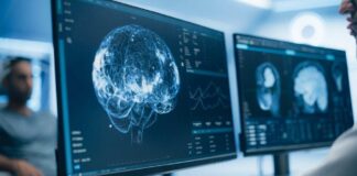 Screens displaying brain scans and data in a medical setting