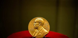 A gold Nobel Prize medal displayed on a red pedestal