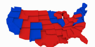 Map of the United States colored red and blue.