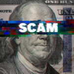 AI Scam Drained Millions Dollar bill glitch effect with scam text overlay