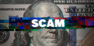 Dollar bill glitch effect with scam text overlay