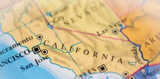 Close-up view of a map highlighting California and its major cities