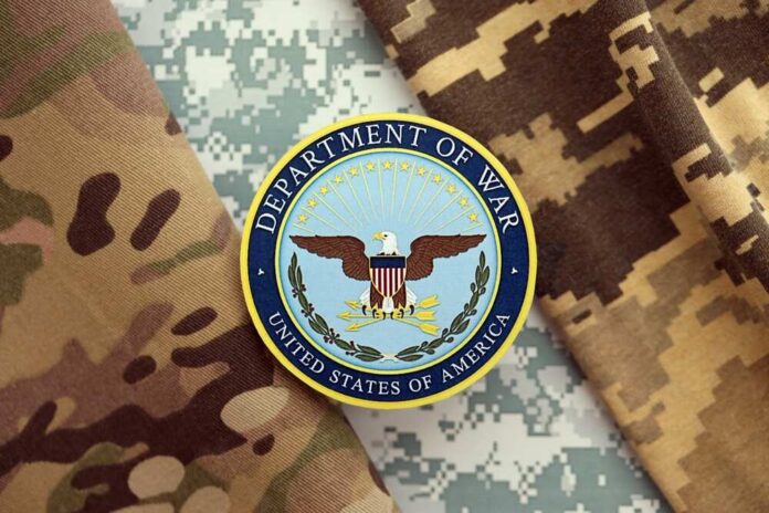 Department of War insignia on camouflage fabric