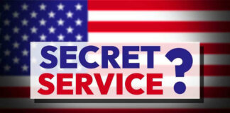 Secret Service text over American flag background.