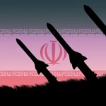 Silhouetted missiles against a sunset background with an Iranian emblem