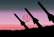 Silhouetted missiles against a sunset background with an Iranian emblem