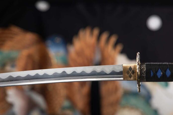 Close-up of a katana blade with intricate details
