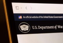 Close-up of a government website displaying the U.S. Department of War