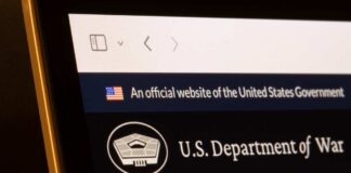 Close-up of a government website displaying the U.S. Department of War
