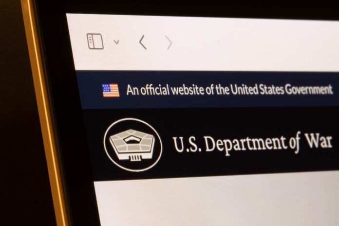 Close-up of a government website displaying the U.S. Department of War