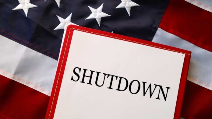 A shutdown notice placed on an American flag