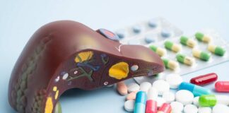 An anatomical model of a liver surrounded by various pills and medications