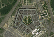Aerial view of the Pentagon building surrounded by roads and parking lots