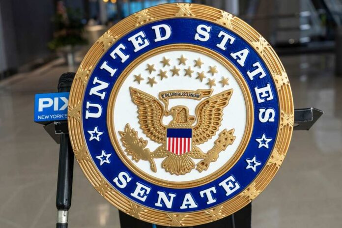 shutterstock_2115262337.jpg Seal of the United States Senate displayed prominently
