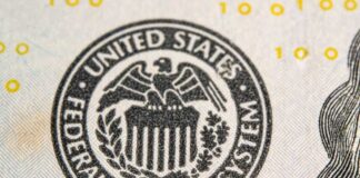 Close-up of the Federal Reserve System seal on a banknote