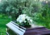 A casket adorned with white flowers in a natural setting