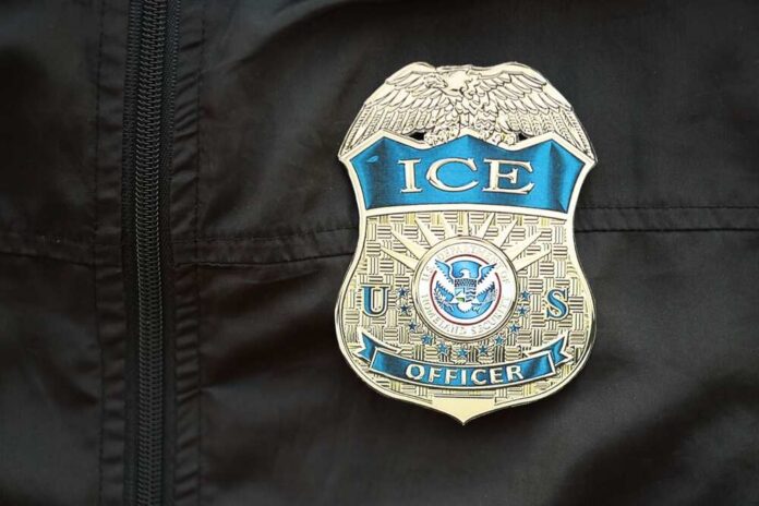 Close-up of an ICE officer badge on a black jacket