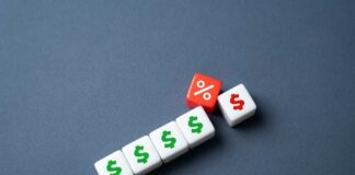 White dice with dollar signs and a red dice with a percentage symbol on a gray background