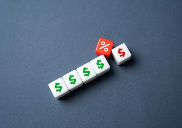 White dice with dollar signs and a red dice with a percentage symbol on a gray background