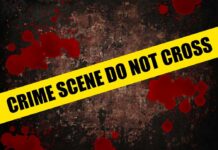 Yellow caution tape reading 'CRIME SCENE DO NOT CROSS' over a dark, blood-splattered background